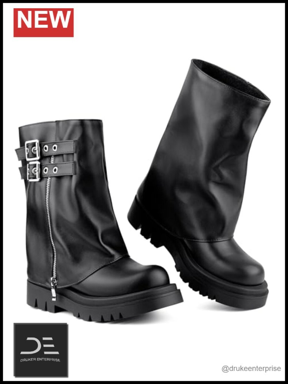 Women's Mid Calf Slouchy Fold Over Moto Biker Combat Boots Faux Leather